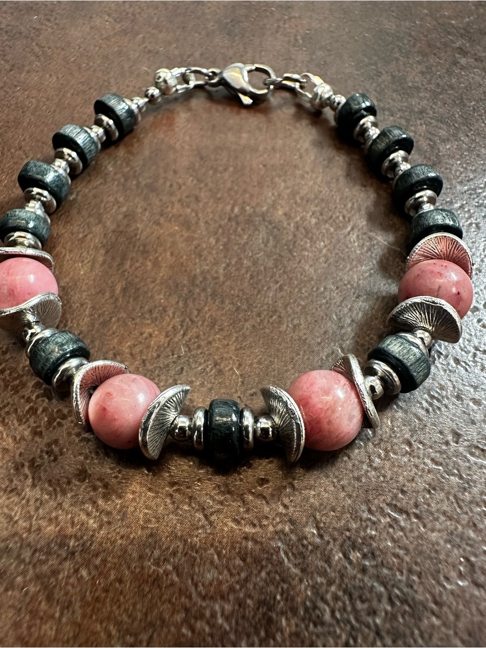 Handcrafted Pink Rhodonite and Gray Wood Bead Bracelet
